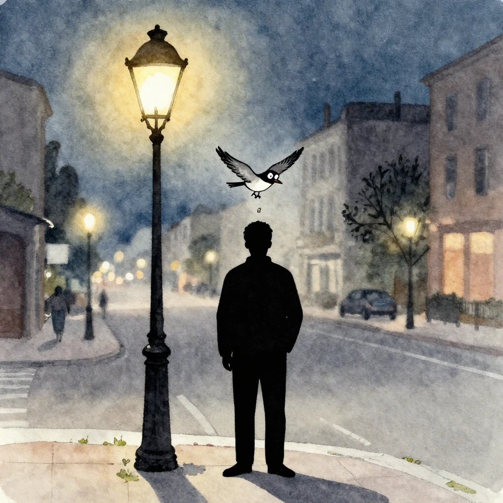 A humorous watercolor illustration of a silhouette of a man ...