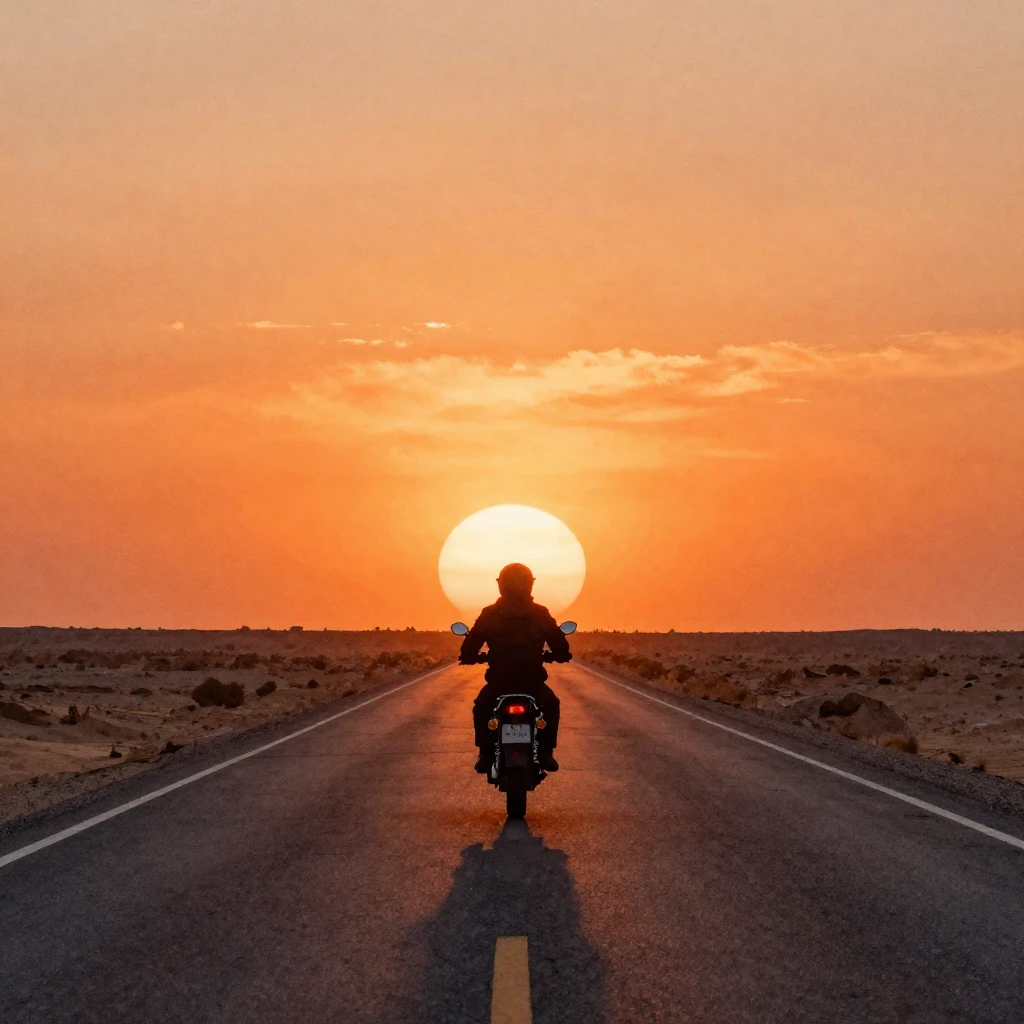 Watercolor style. A silhouette of a lone traveler on a motor...