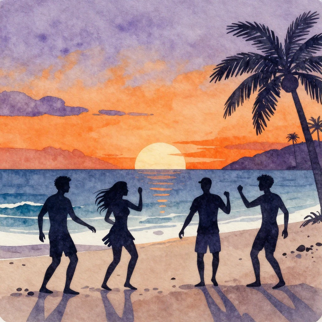 Watercolor painting of silhouettes of friends dancing on a t...