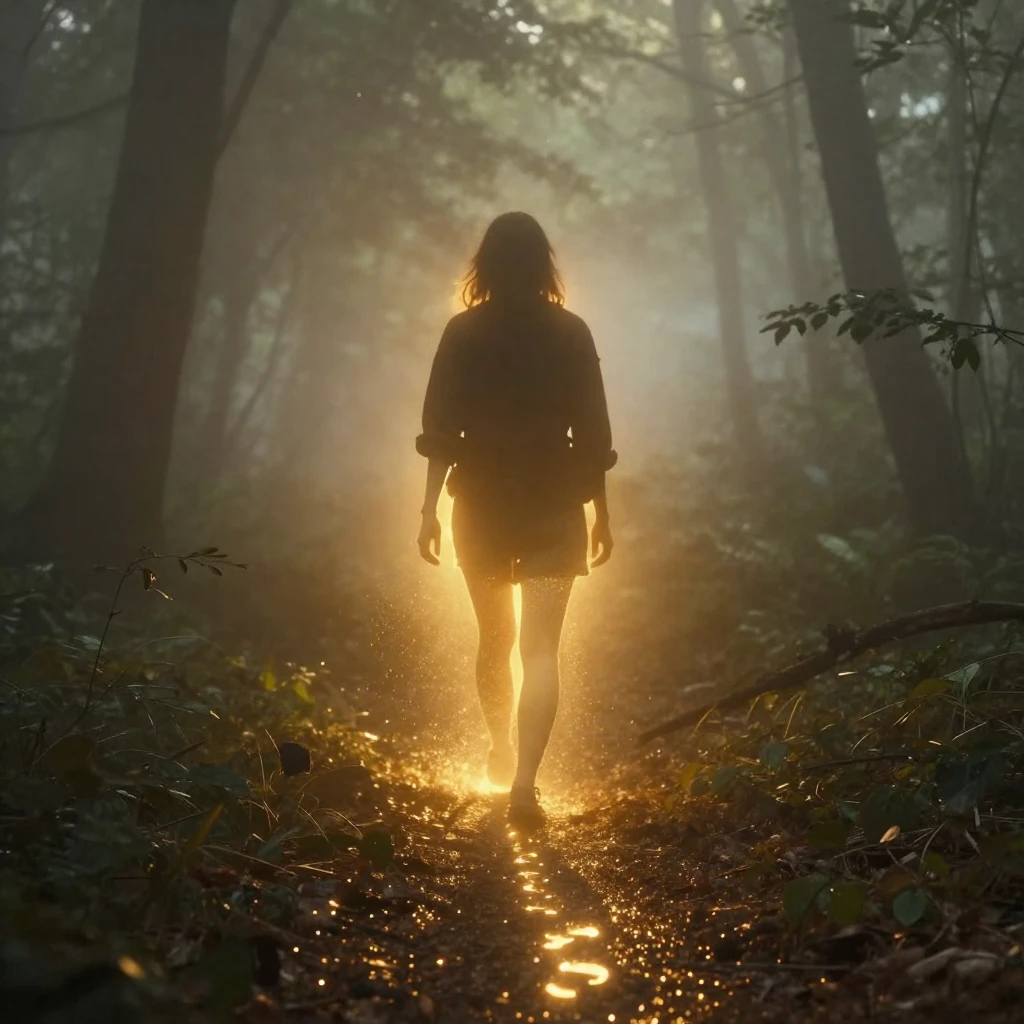 A glowing silhouette walking through a misty forest, leaving...