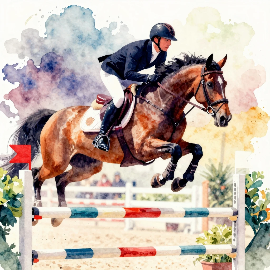 Vibrant watercolor art of an equestrian show jumping event, ...