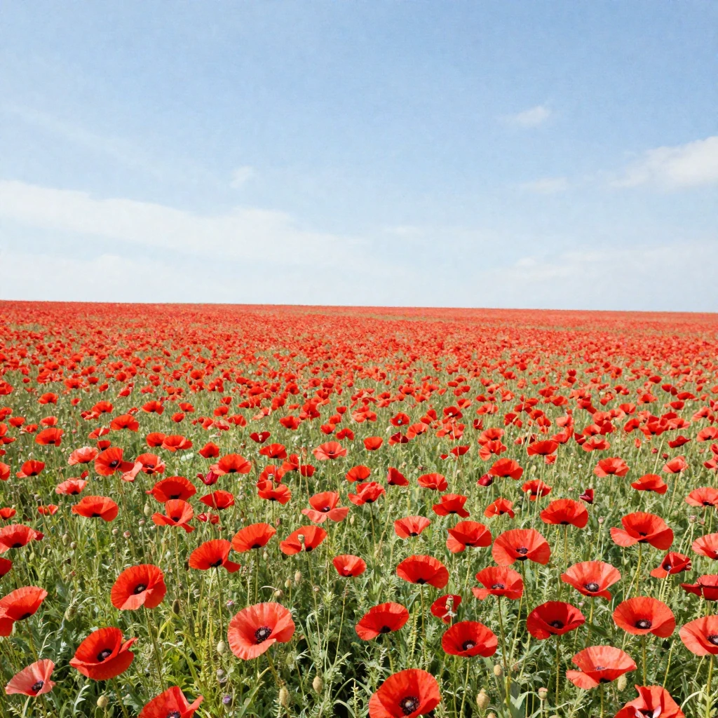 A vast field of blooming red poppies stretching to the horiz...