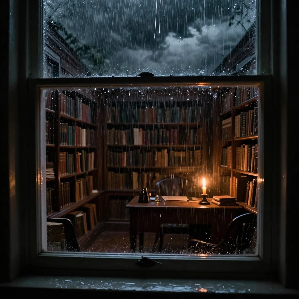 A window view showing a stormy night with heavy rain and dar...