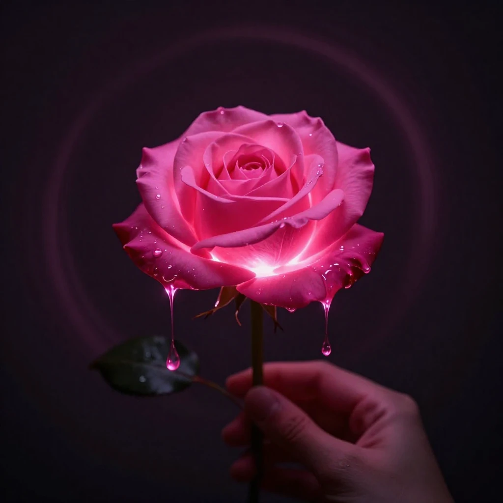 A single, vibrant pink rose, glowing and dripping luminous p...