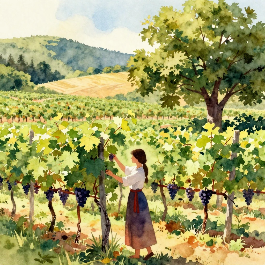 Vibrant watercolor painting of a sun-drenched vineyard. A su...