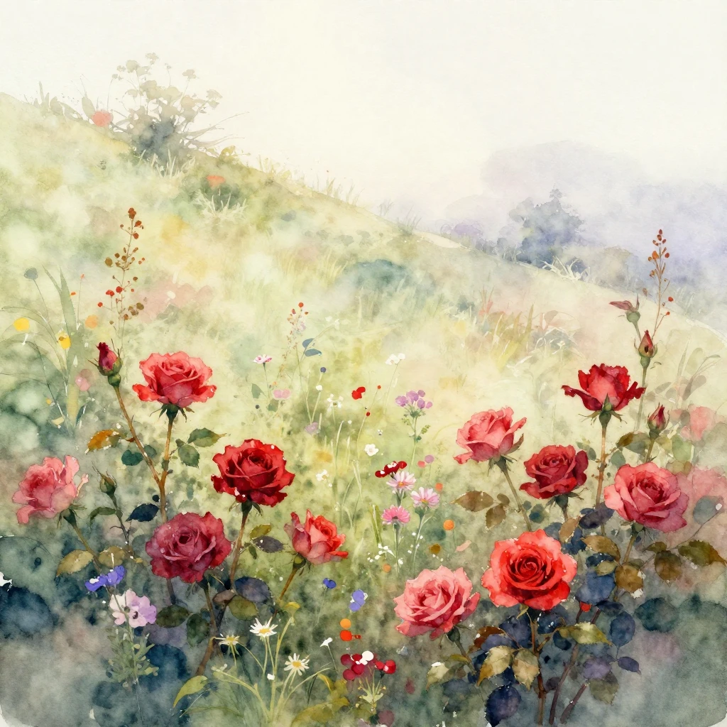 A watercolor painting of a gentle hill covered with blooming...