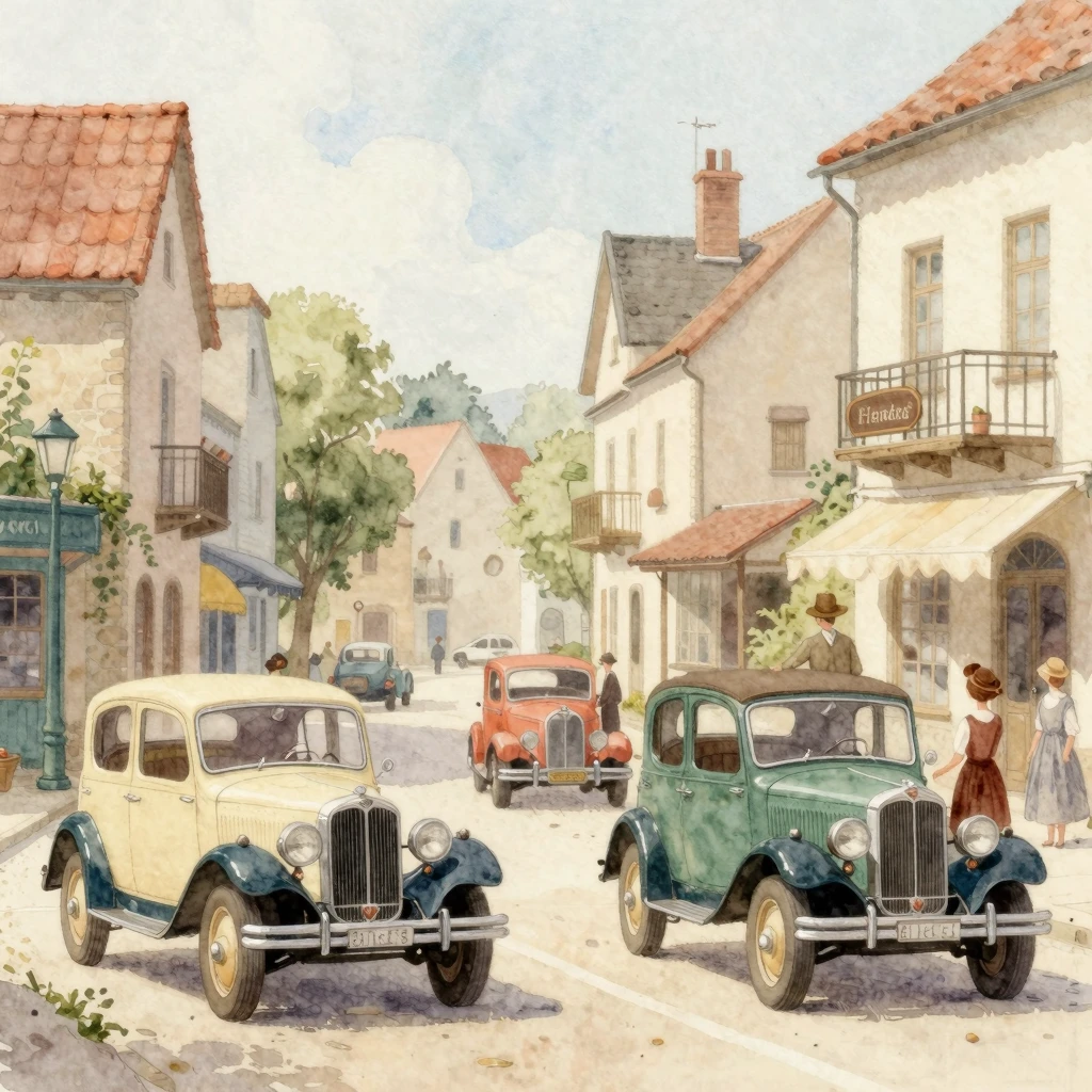 A whimsical watercolor painting of a quaint, old-fashioned s...