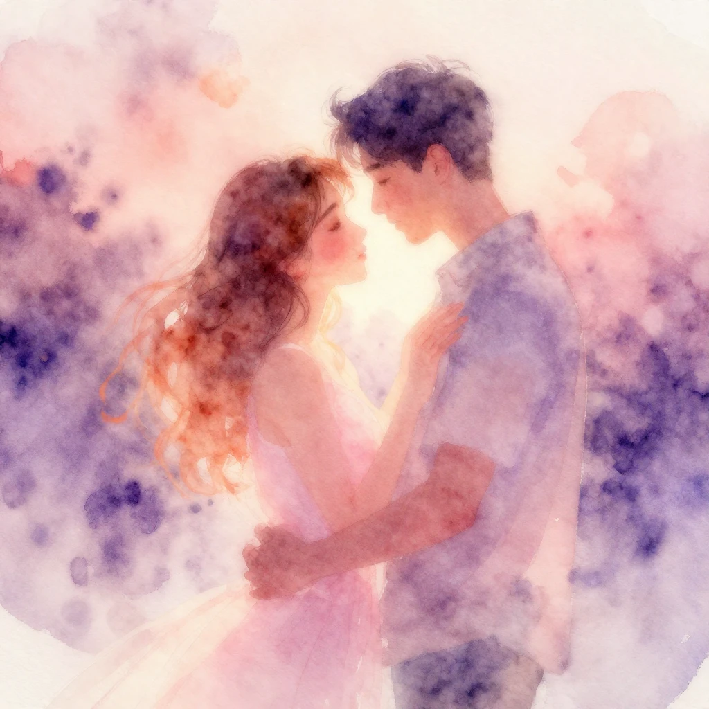 An ethereal watercolor painting depicting a romantic scene w...