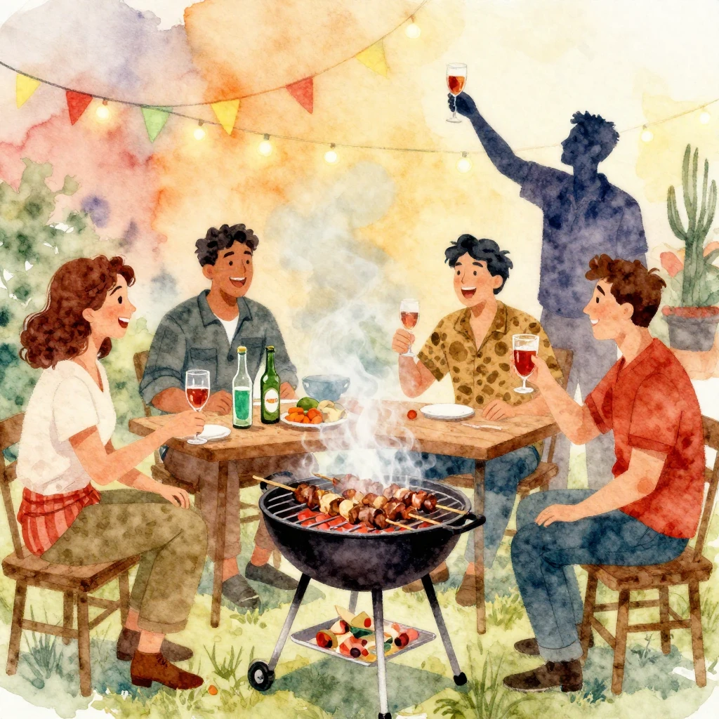 A vibrant watercolor illustration of a shashlik party. Frien...