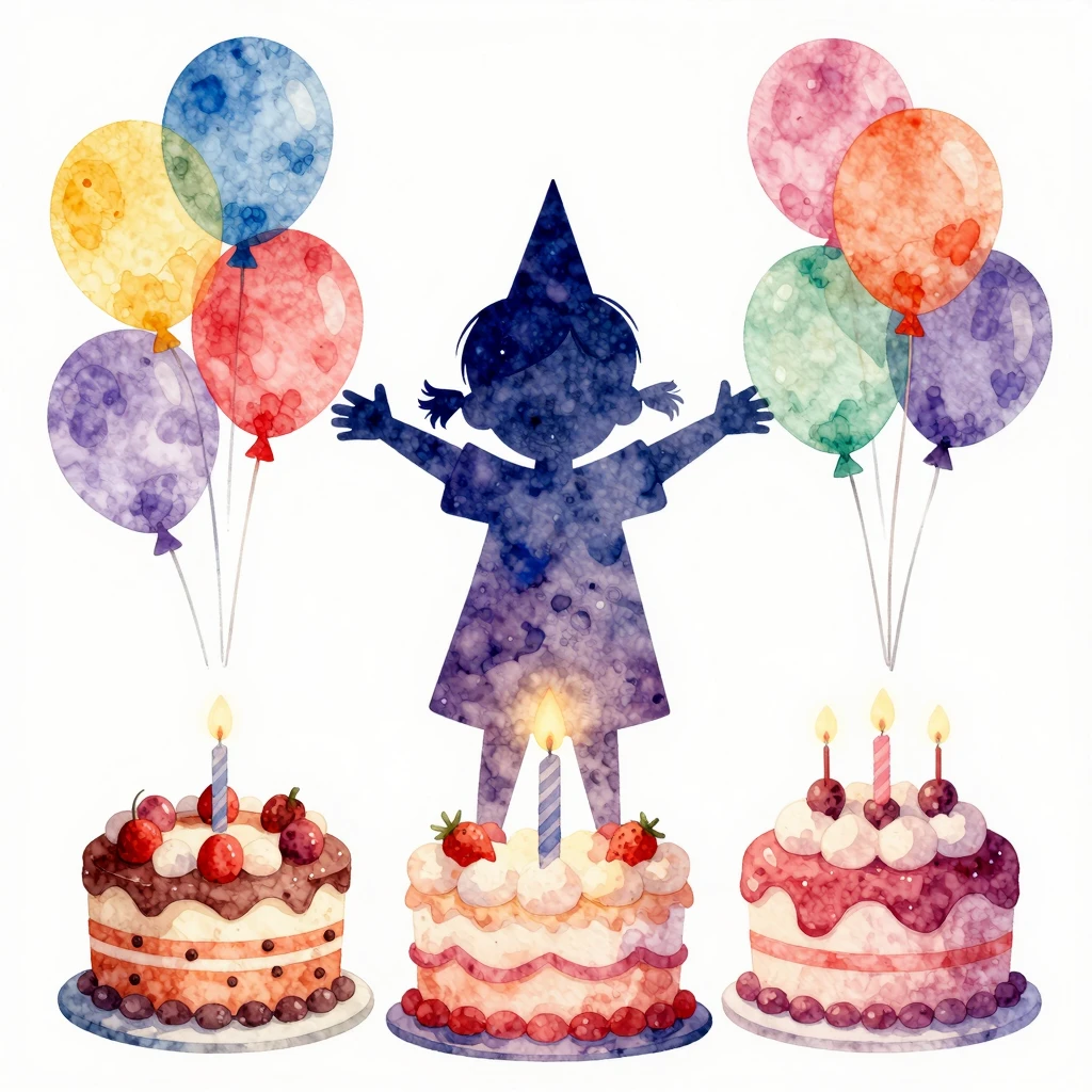 A whimsical birthday party scene in vibrant watercolor style...