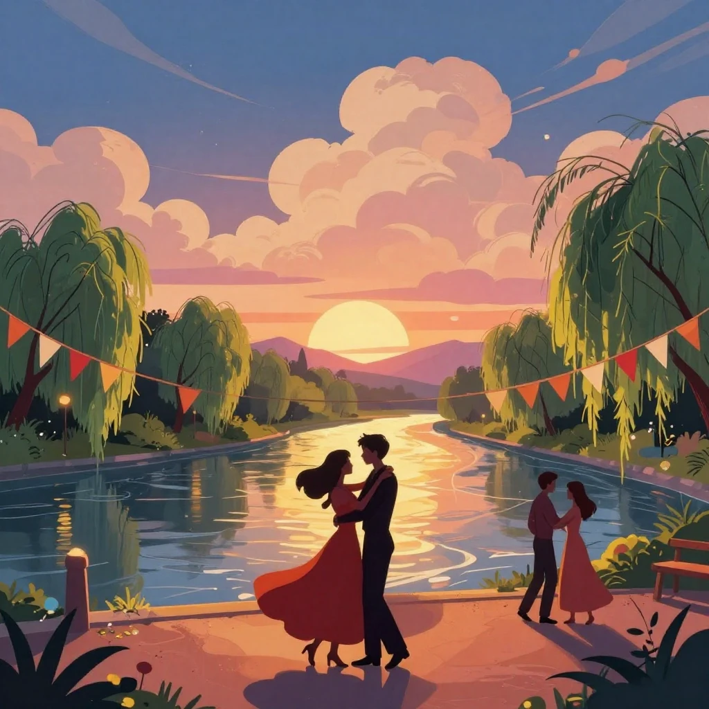 A vibrant, dreamy illustration of a summer night ball by a r...