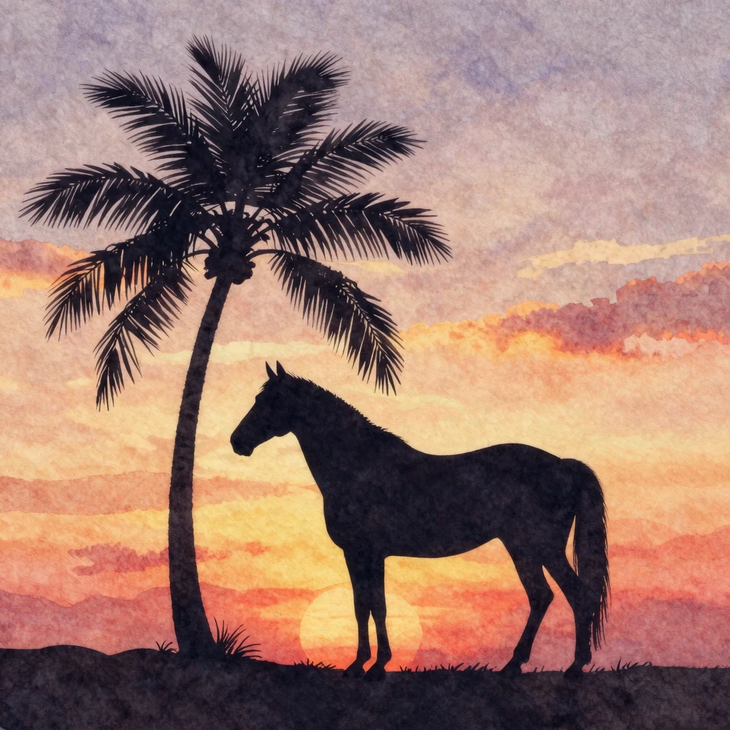 Watercolor style. A minimalist silhouette of a horse standin...