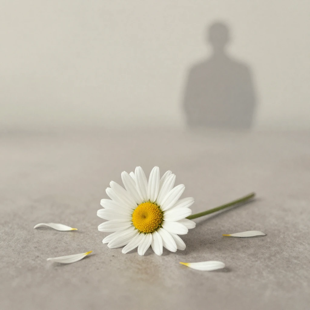 A single white daisy with a few petals scattered on a soft, ...