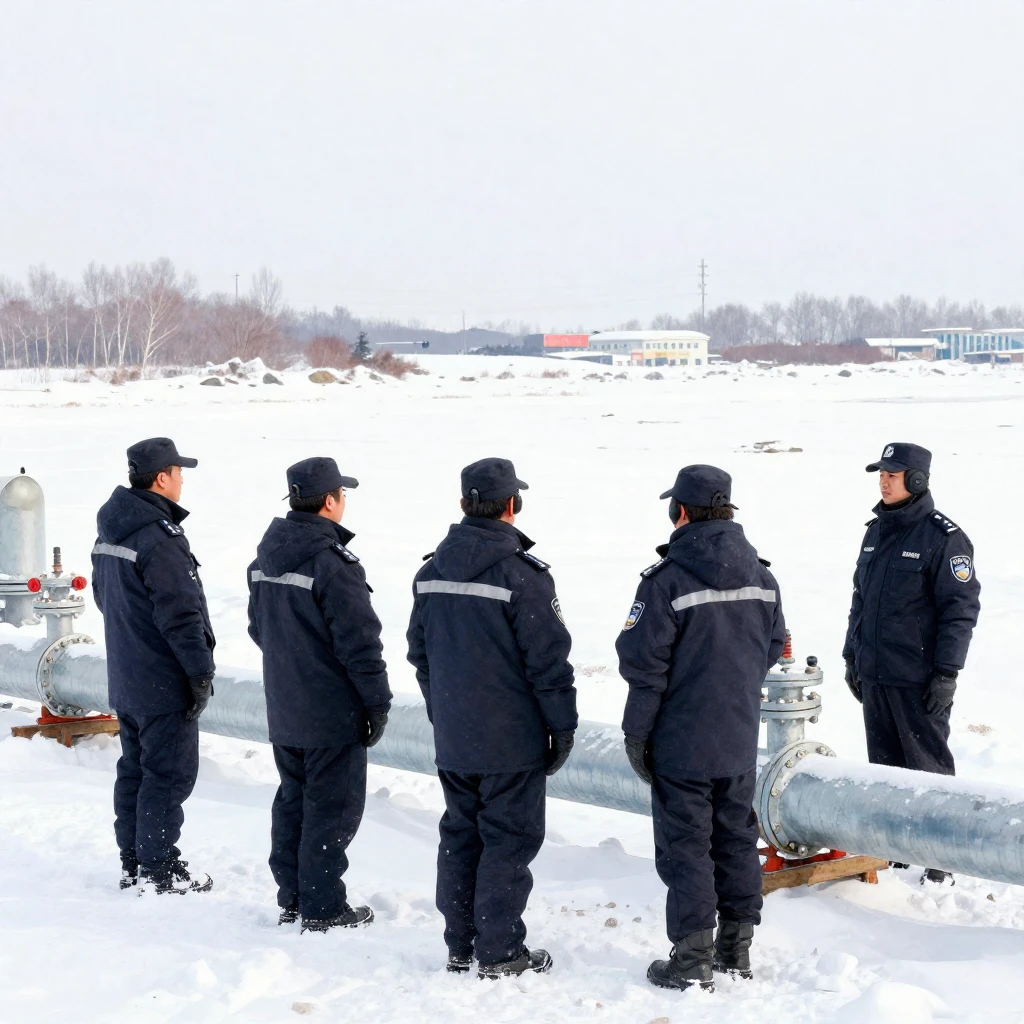 A team of security personnel in winter gear, standing guard ...