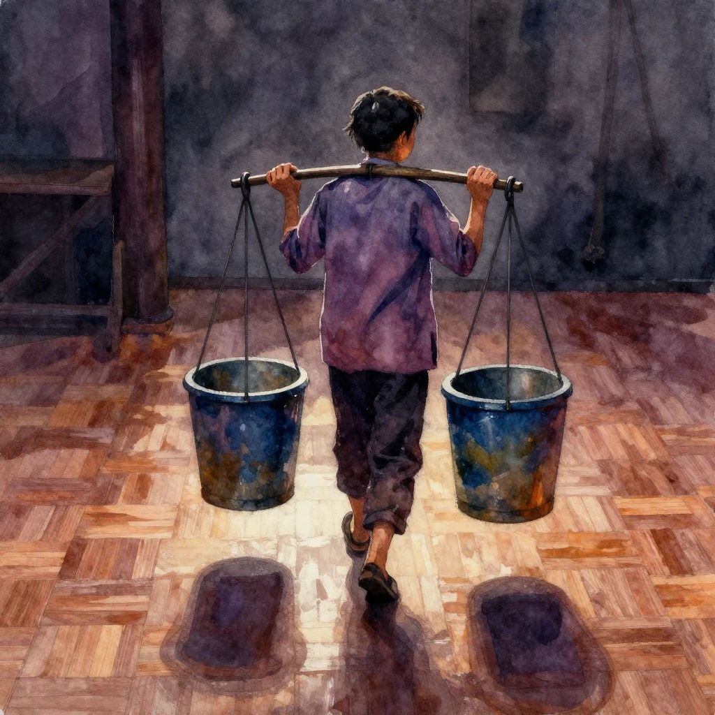 Vibrant watercolor style. A person carrying a yoke with buck...