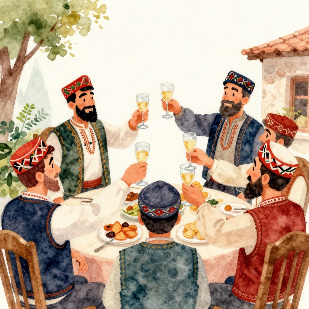 Vibrant watercolor illustration of Armenian men celebrating,...