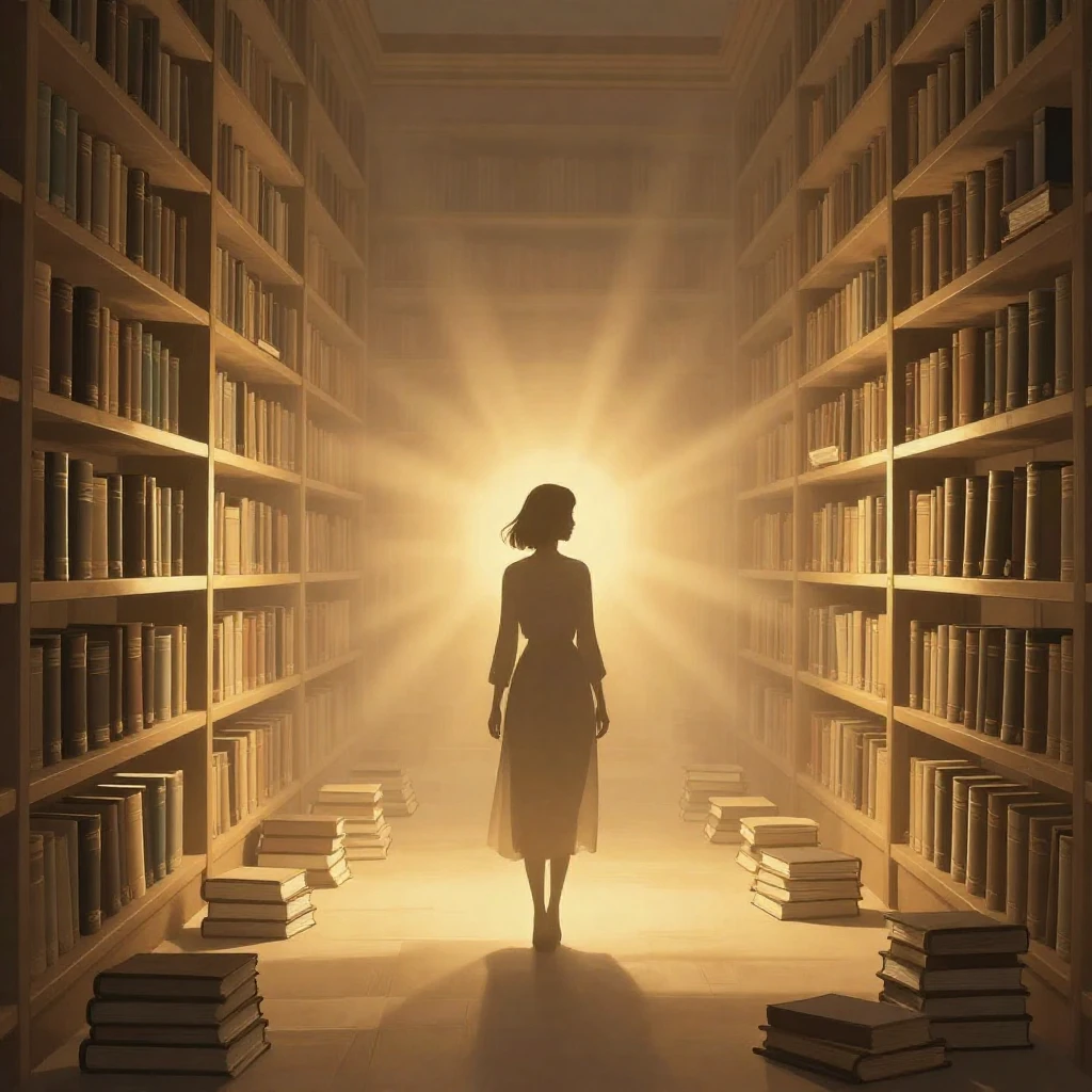 A silhouette of a woman standing in a vast, ethereal library...
