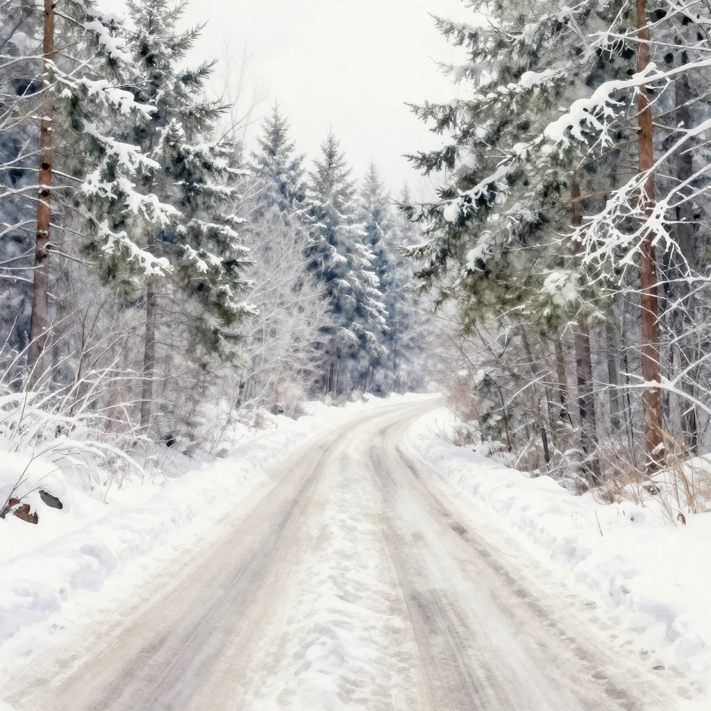 A scenic winter road winding through a snow-covered forest, ...