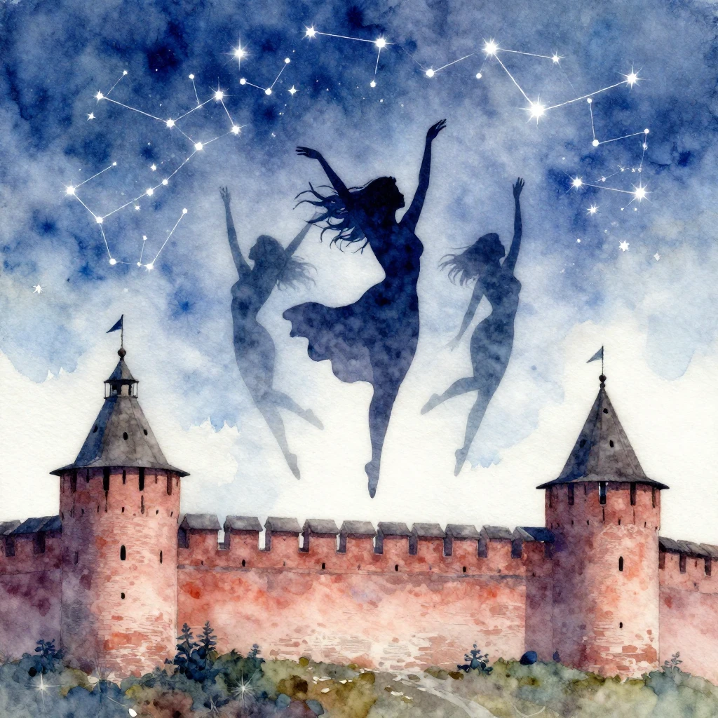 Watercolor painting of graceful female figures as silhouette...