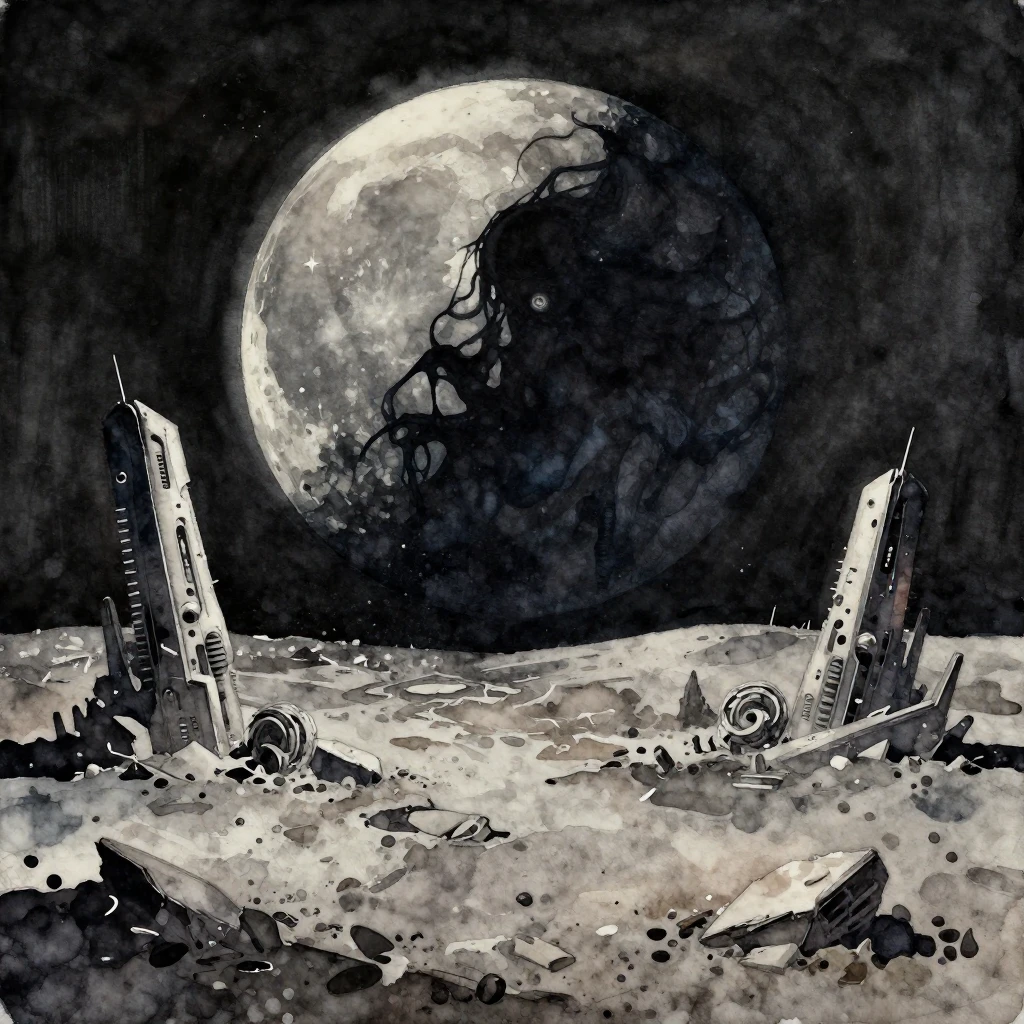 A dark, ominous moonscape with shattered futuristic structur...