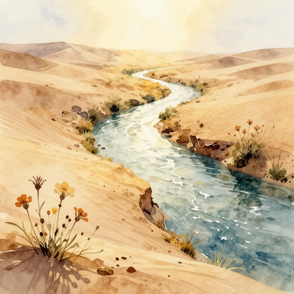 Watercolor style. A river flowing through a dry desert, gold...