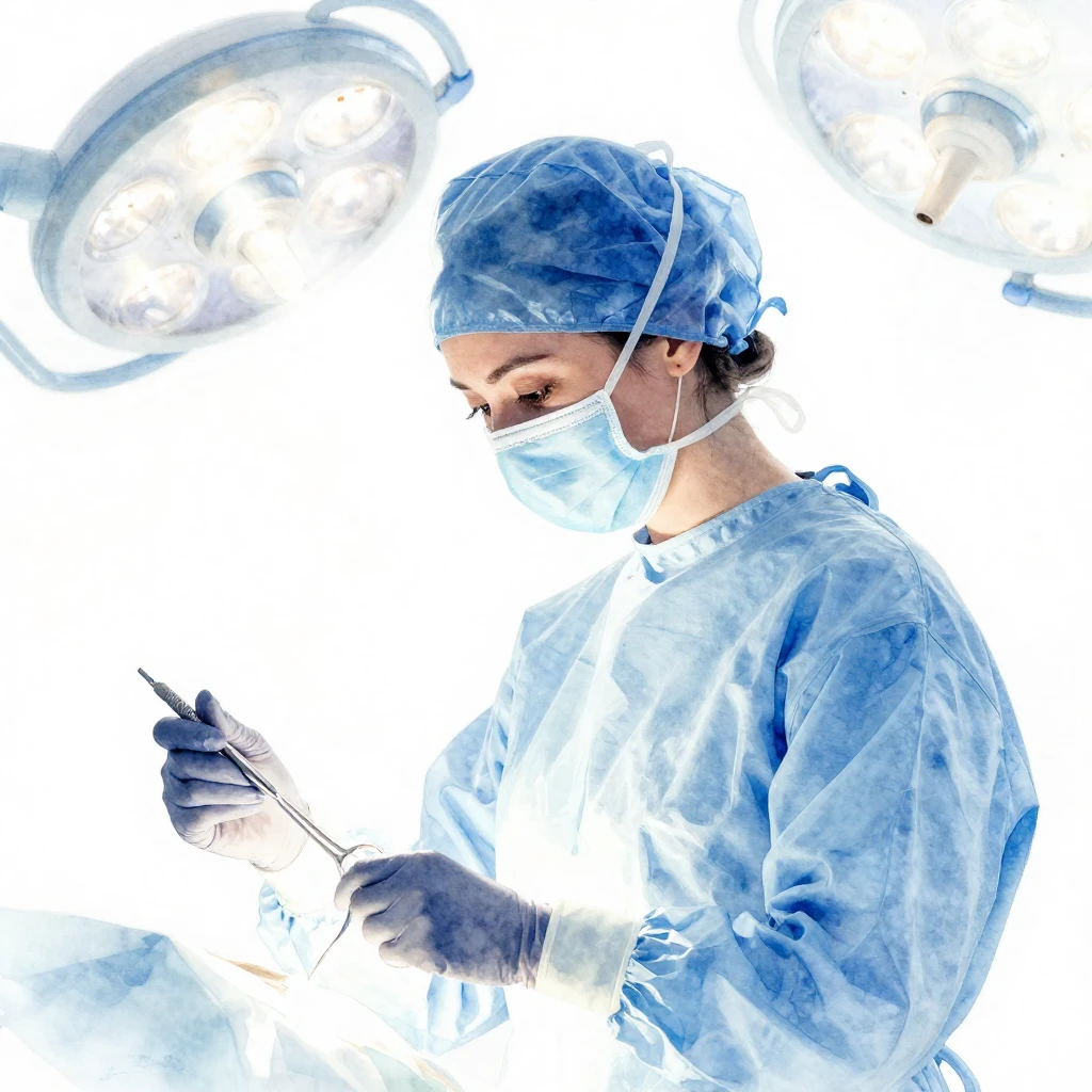 Watercolor silhouette of a focused female surgeon in a medic...