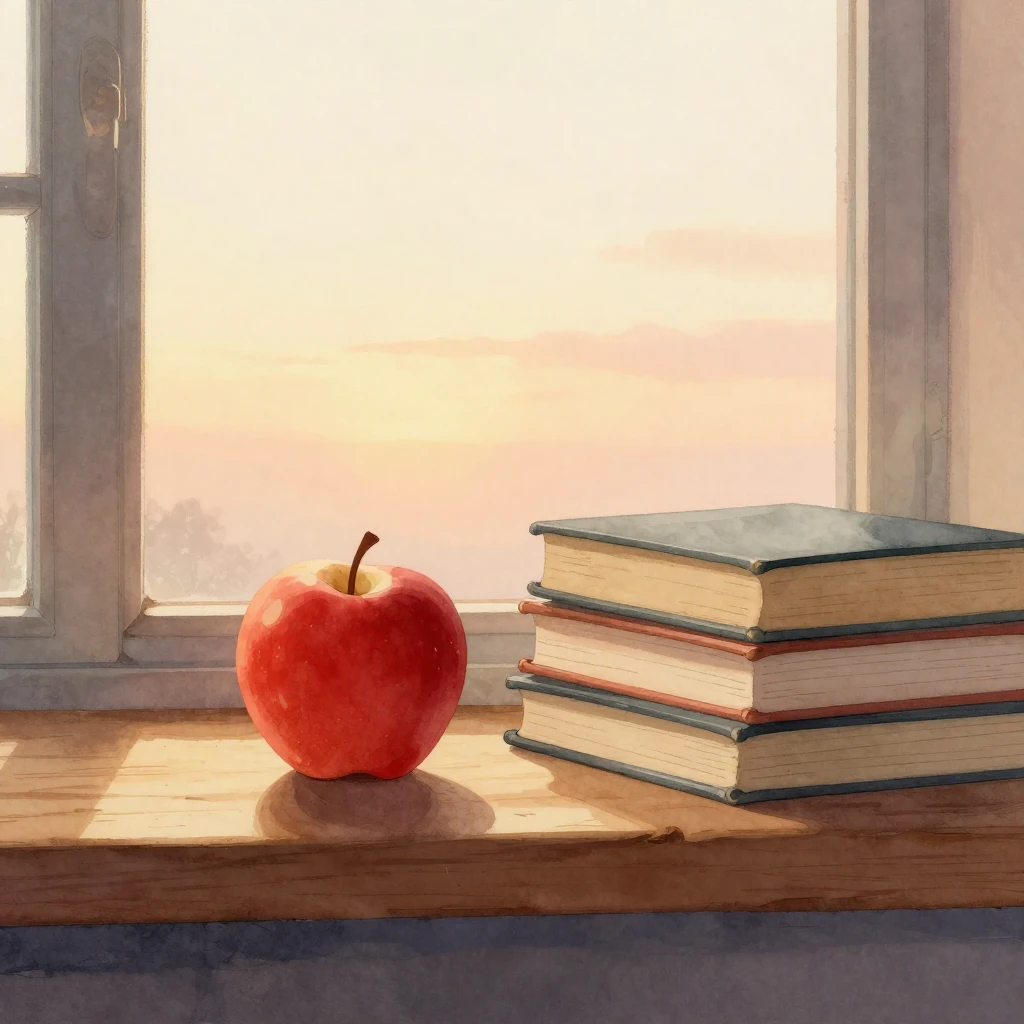Watercolor style. A single red apple and a stack of old book...