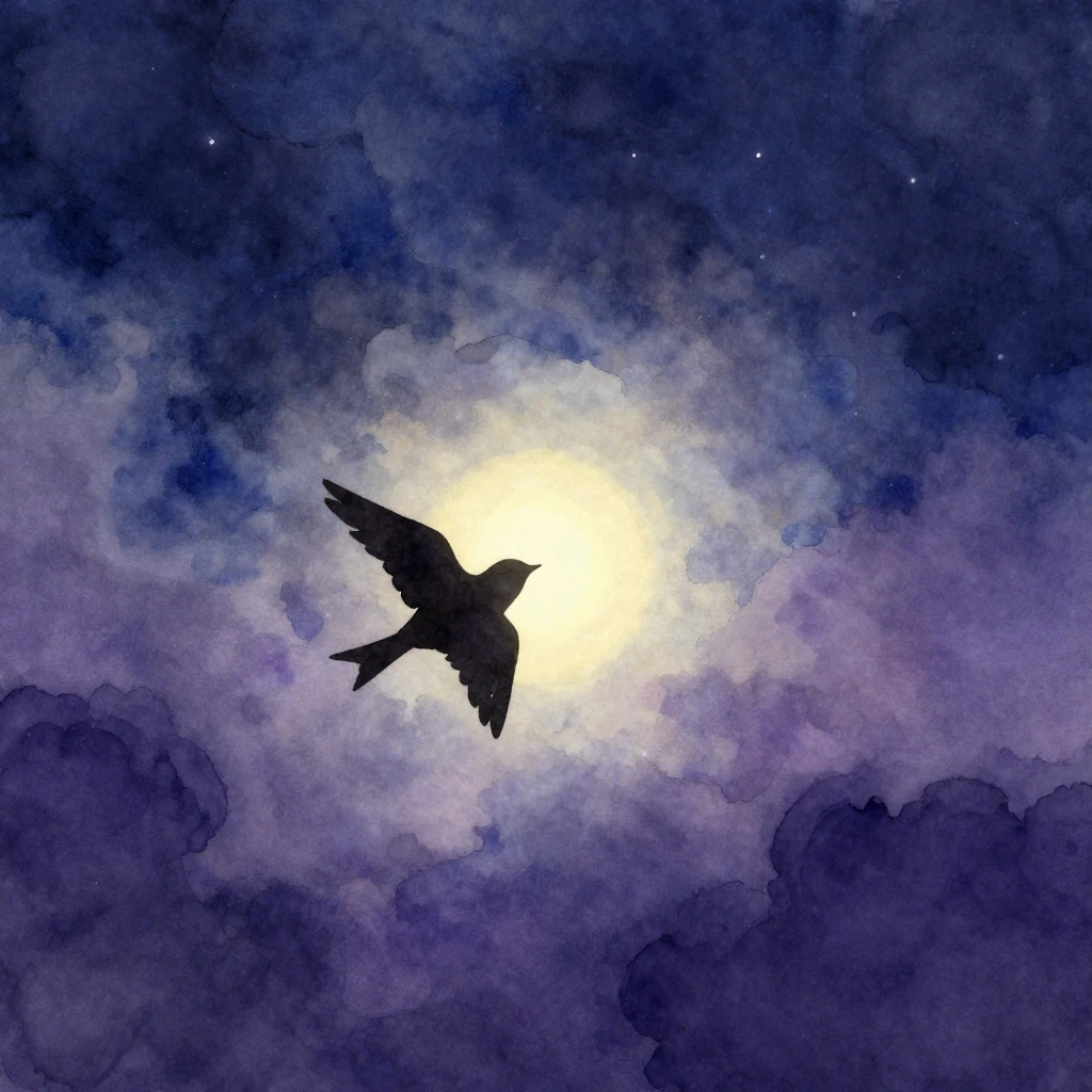 A lonely silhouette of a small bird, wings spread, flying de...