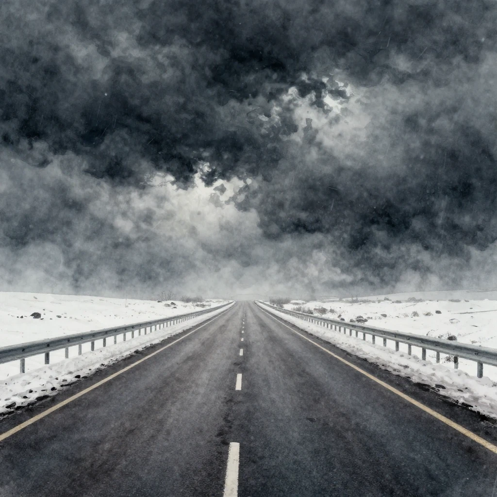 A treacherous, icy highway stretching into a stormy, snowy h...