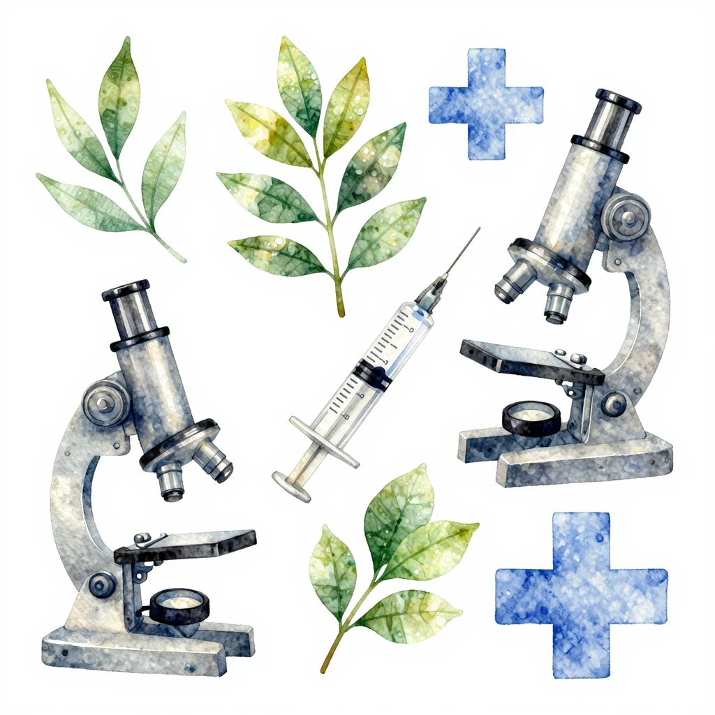 A watercolor illustration depicting various medical symbols ...