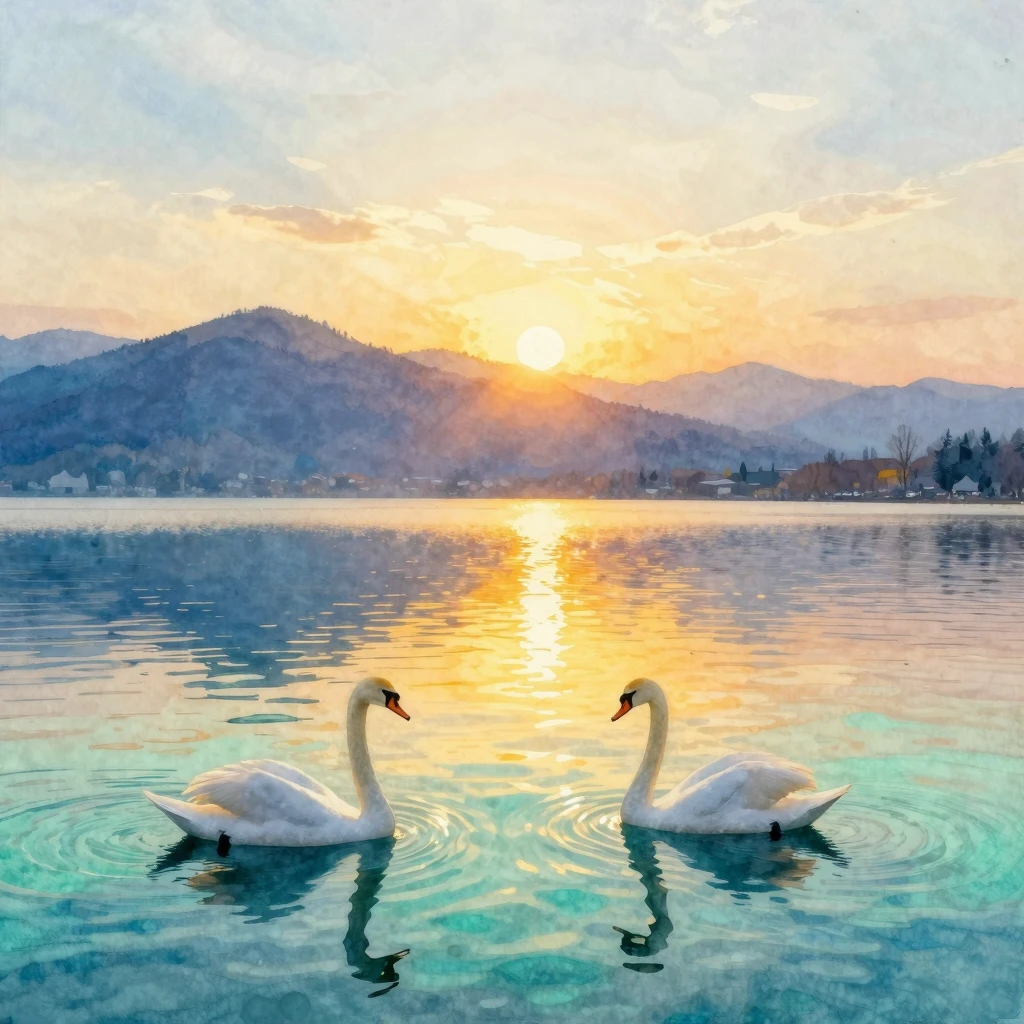 Vibrant watercolor painting of a serene sunrise over Lake Se...