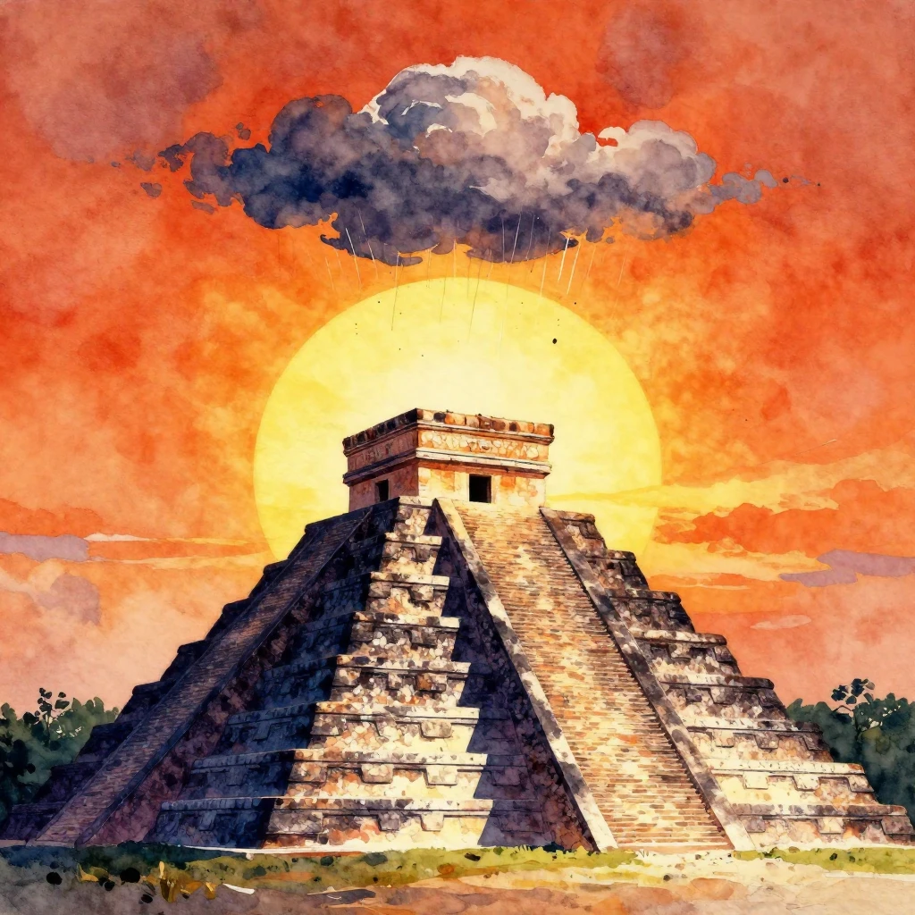 A vibrant watercolor painting depicting an ancient Mayan pyr...