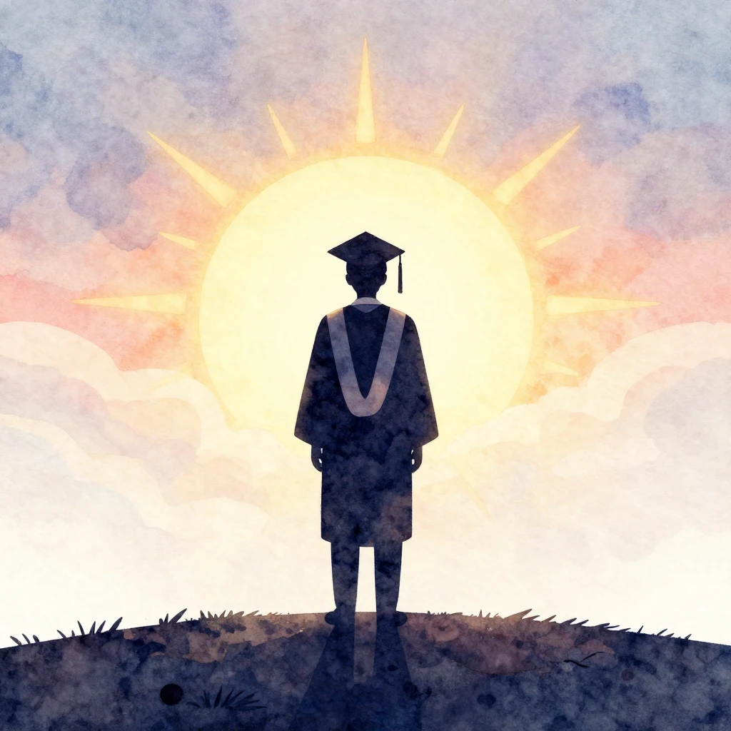 A stylized image of a graduate silhouette standing on a hill...