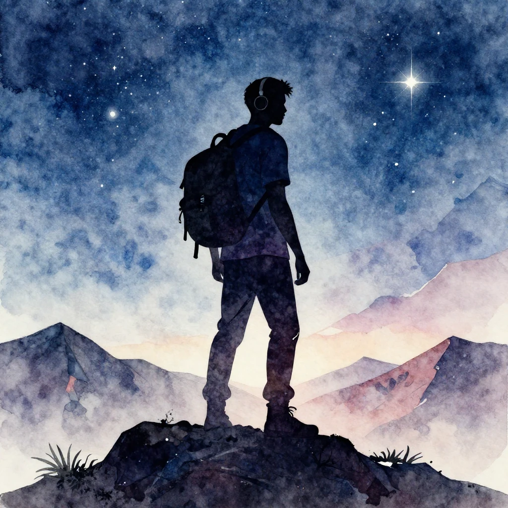 Watercolor style. Silhouette of a man with a backpack and he...