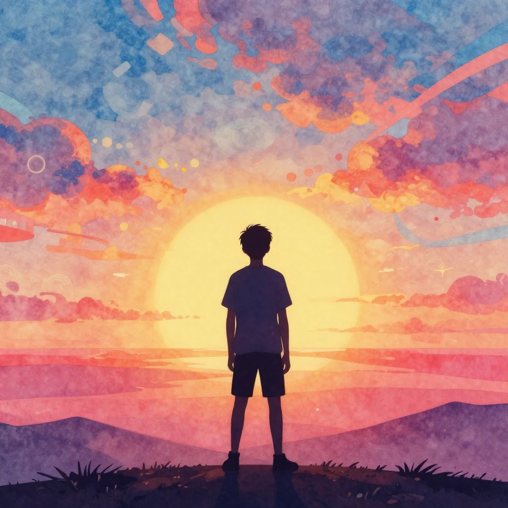 A bright silhouette of a teenage boy standing on a hill, gaz...