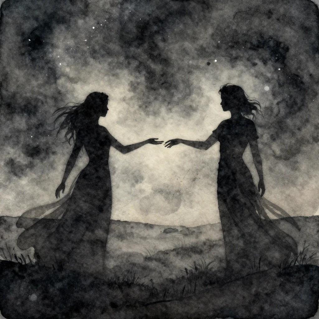 Watercolor illustration of two ethereal silhouettes, reachin...