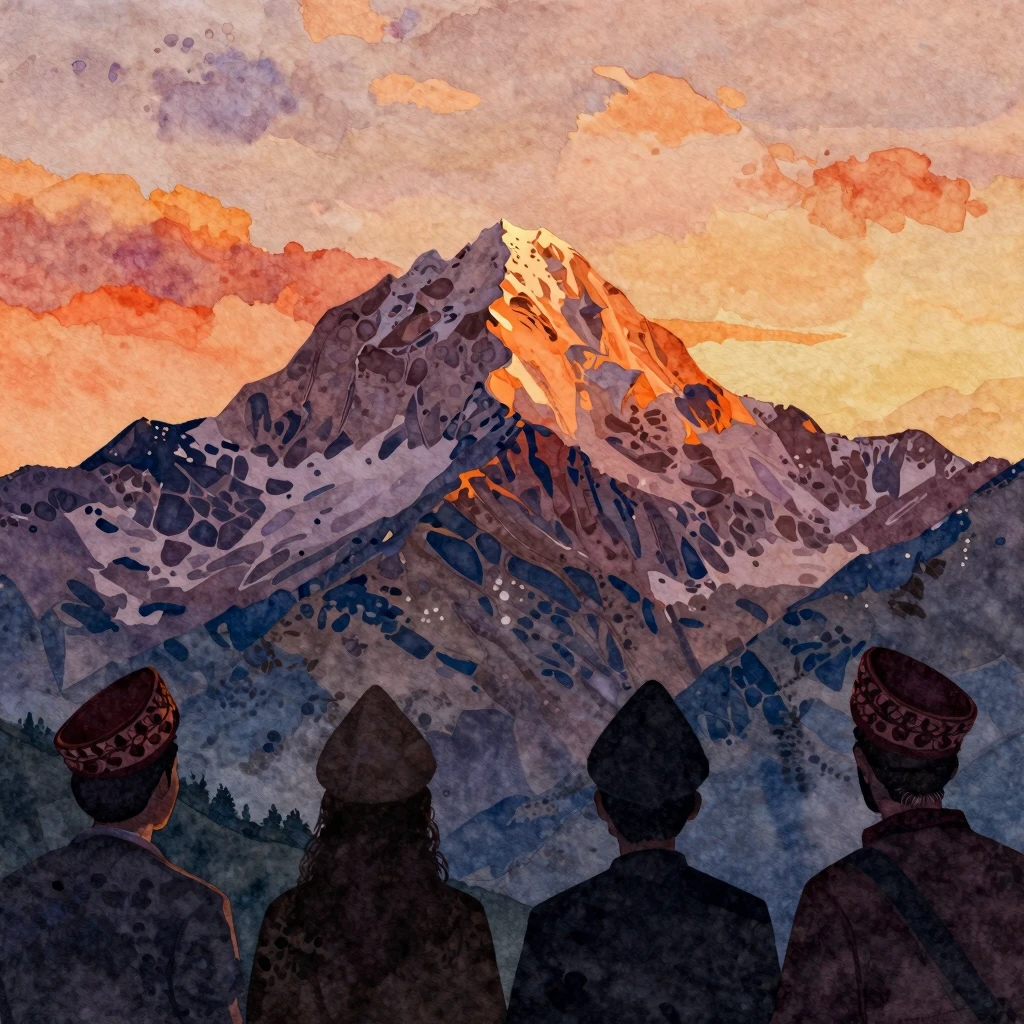 Watercolor painting of a mountain peak in Georgia at sunset,...