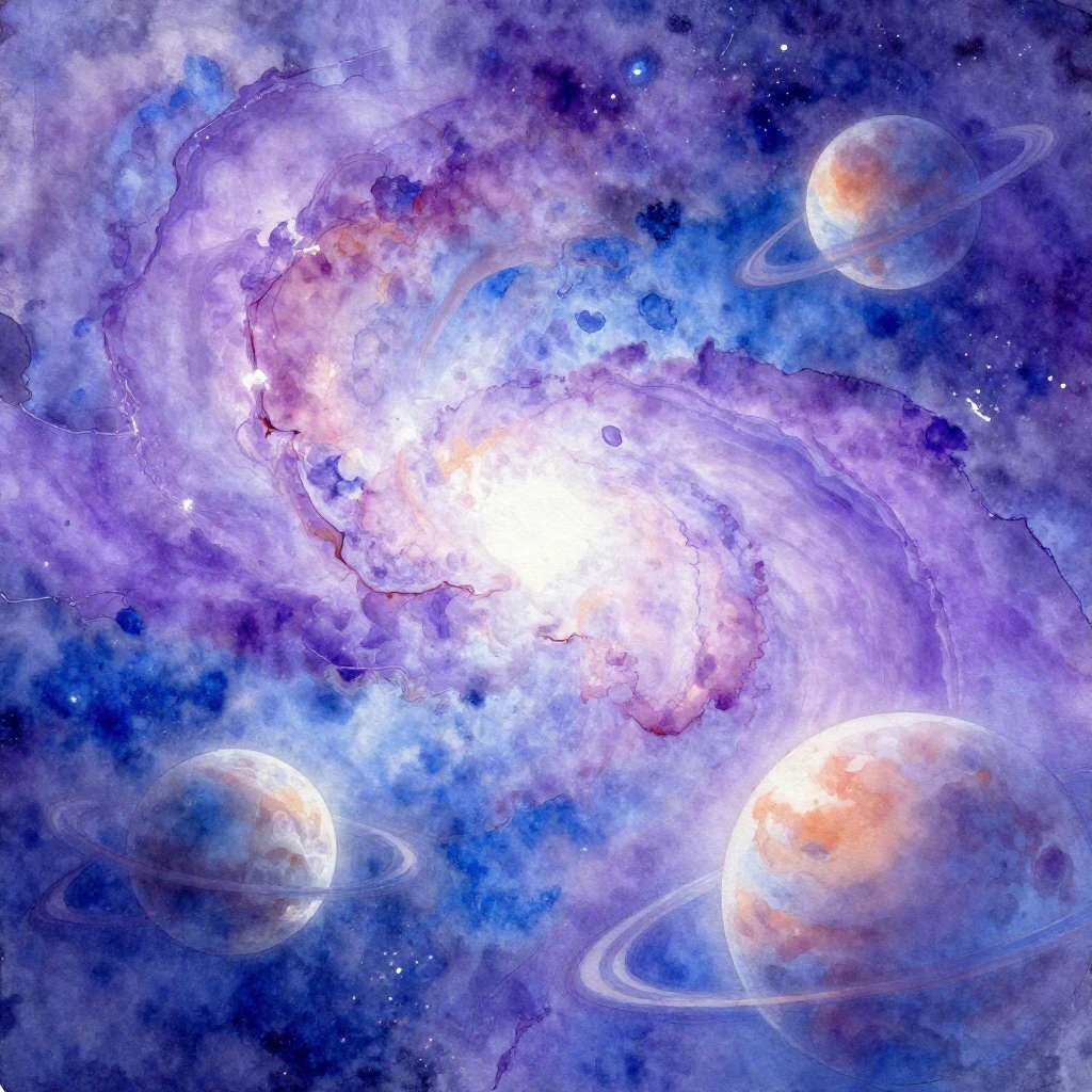 A vibrant watercolor painting depicting an abstract space sc...