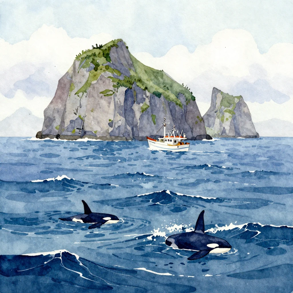 A vibrant watercolor painting of a rough sea with distant, m...