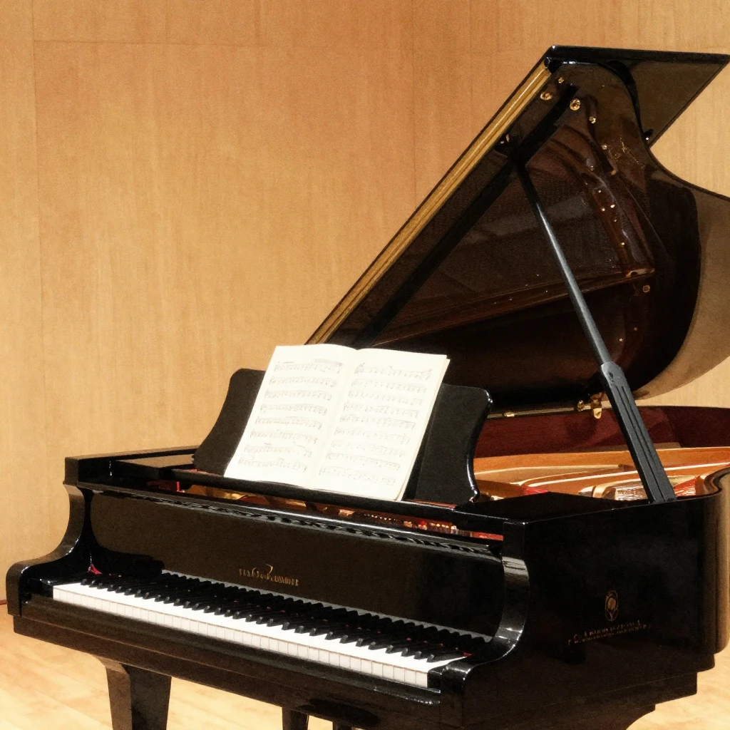 A grand piano in a softly lit concert hall with sheet music ...