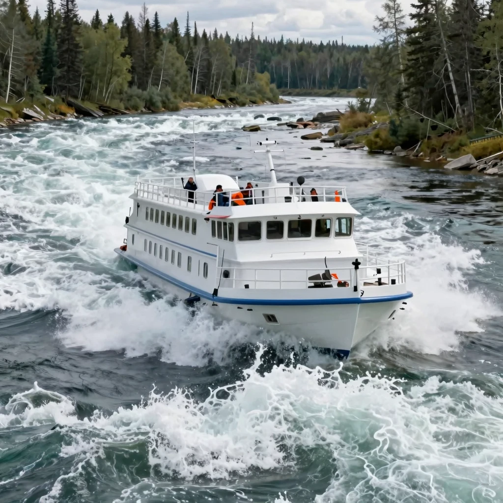 A powerful, fast riverboat navigating a wild, pristine Siber...