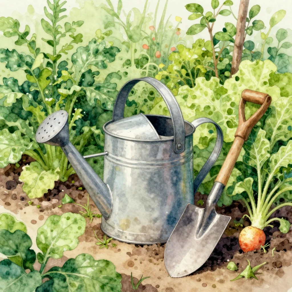 An illustration featuring a classic metal watering can and a...