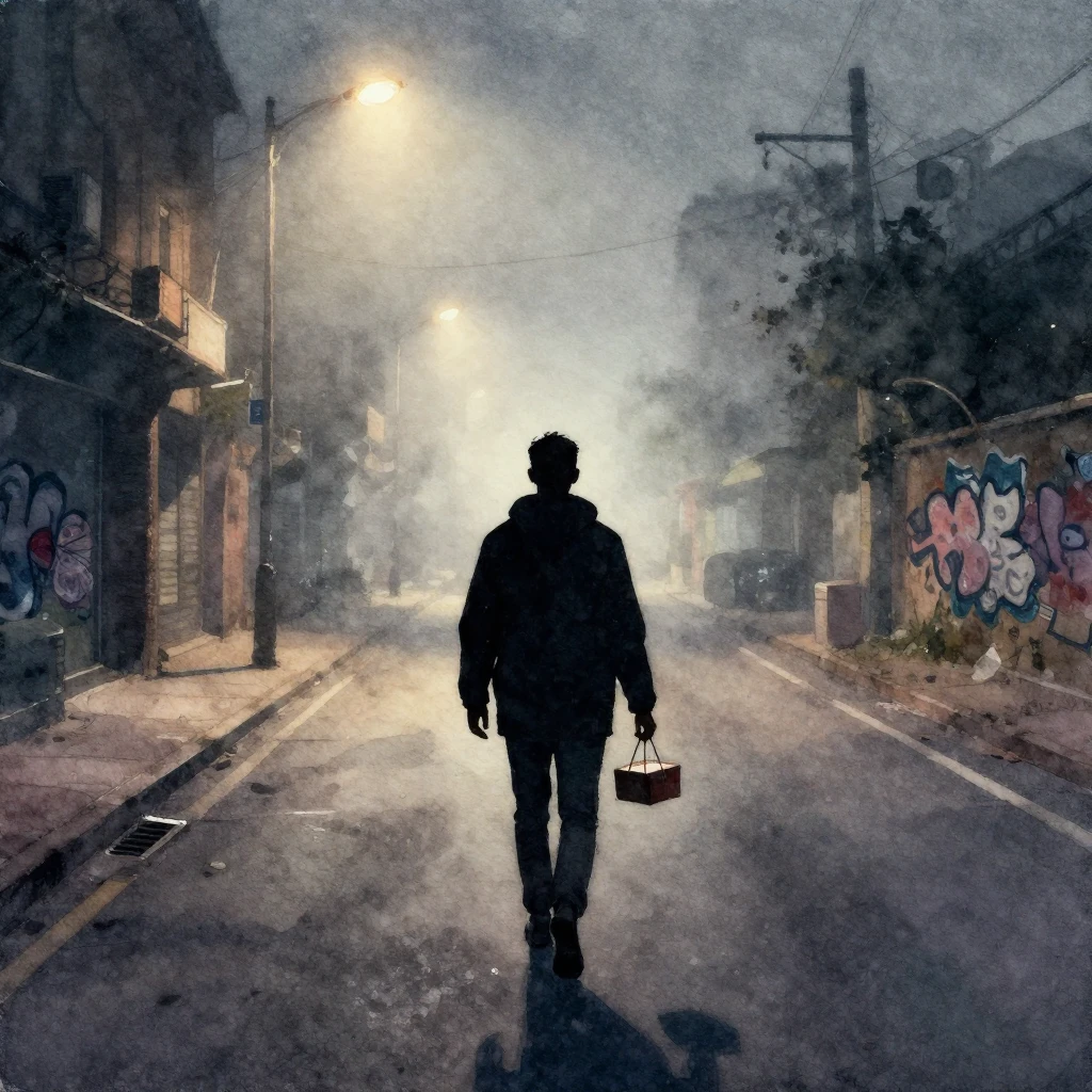 Watercolor painting of a lone silhouette of a person walking...