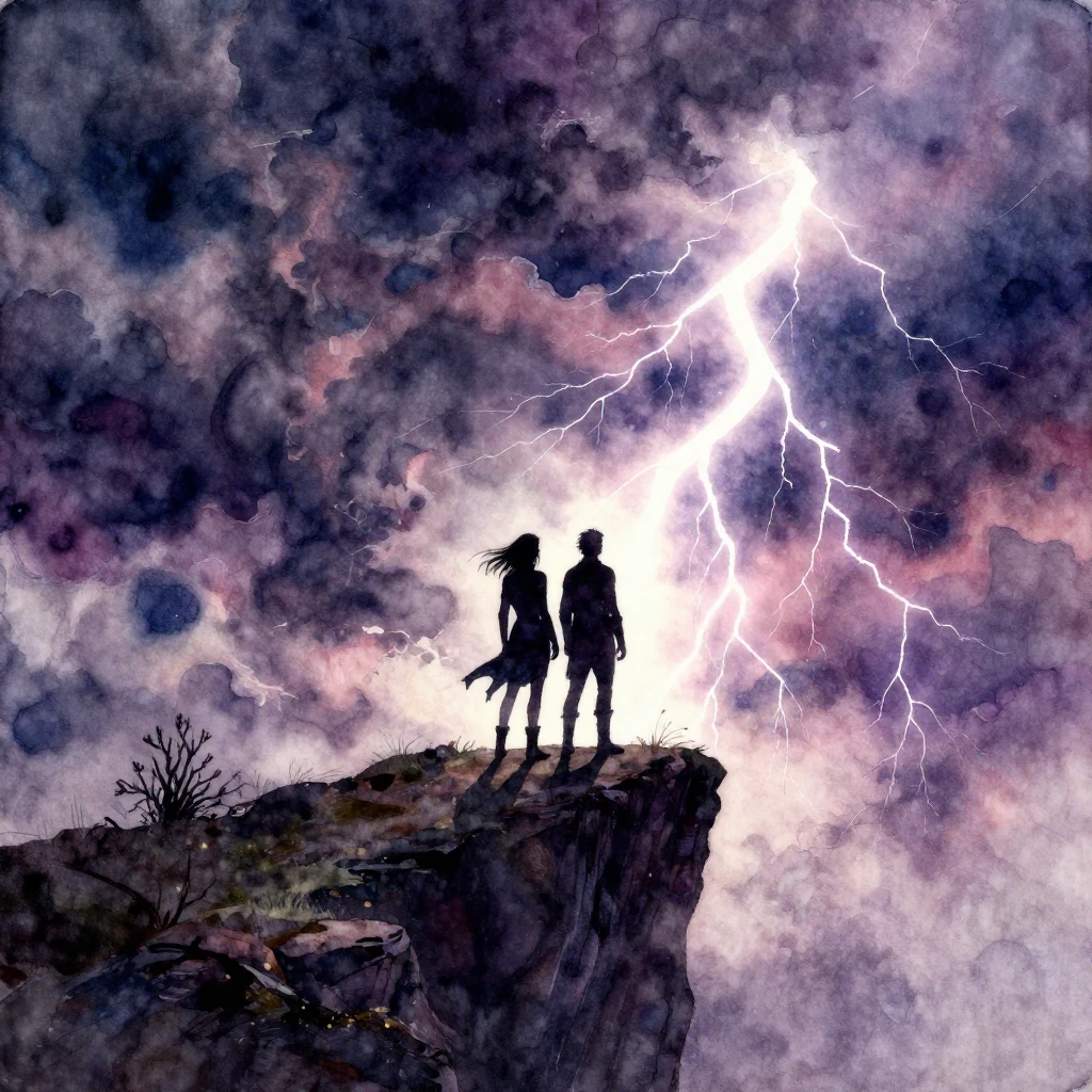 Vibrant watercolor style. Power metal album art: A silhouett...