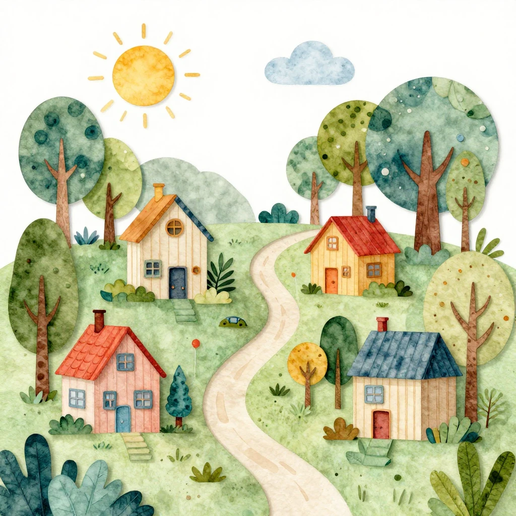 A whimsical watercolor illustration of a stylized village wi...