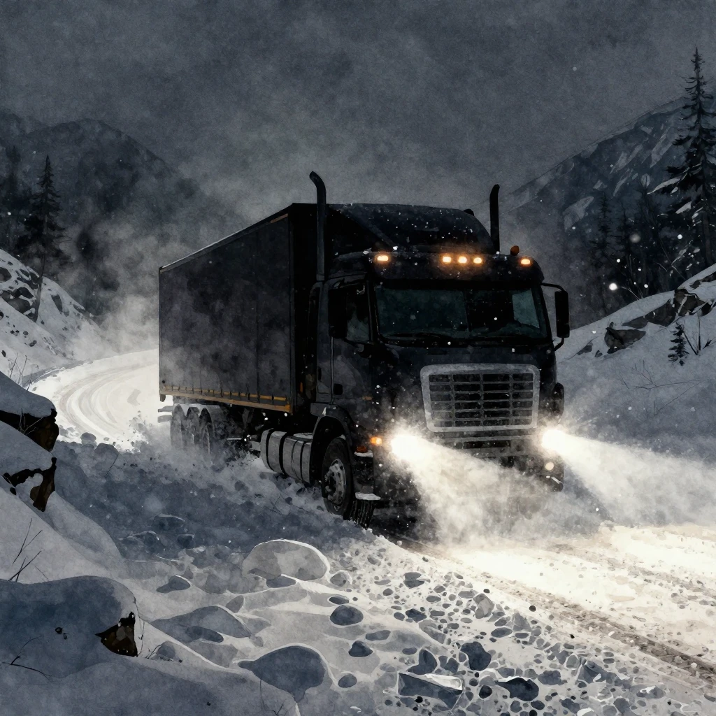 A powerful silhouette of a large truck struggling through a ...