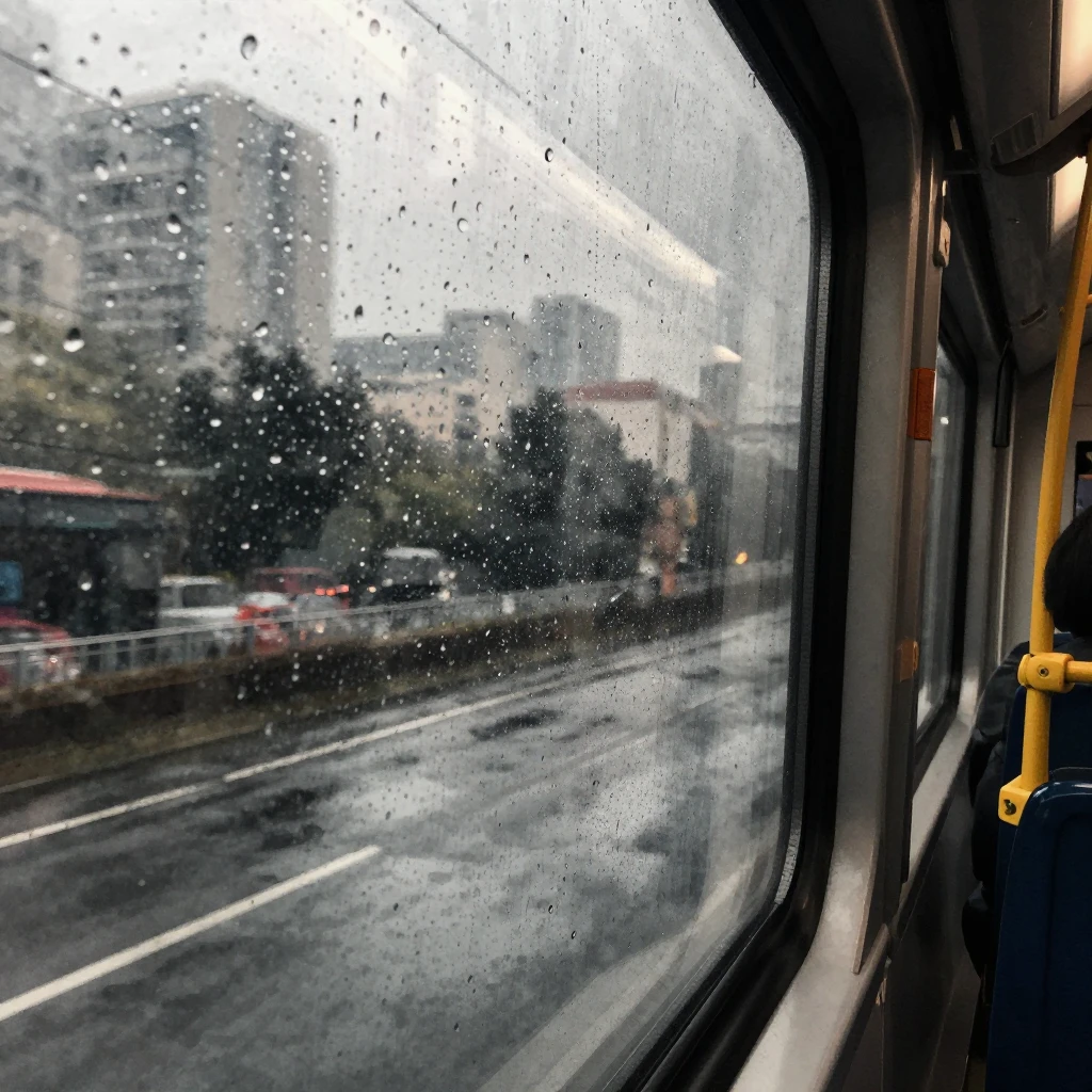 View from a moving bus or train window. Raindrops on glass, ...