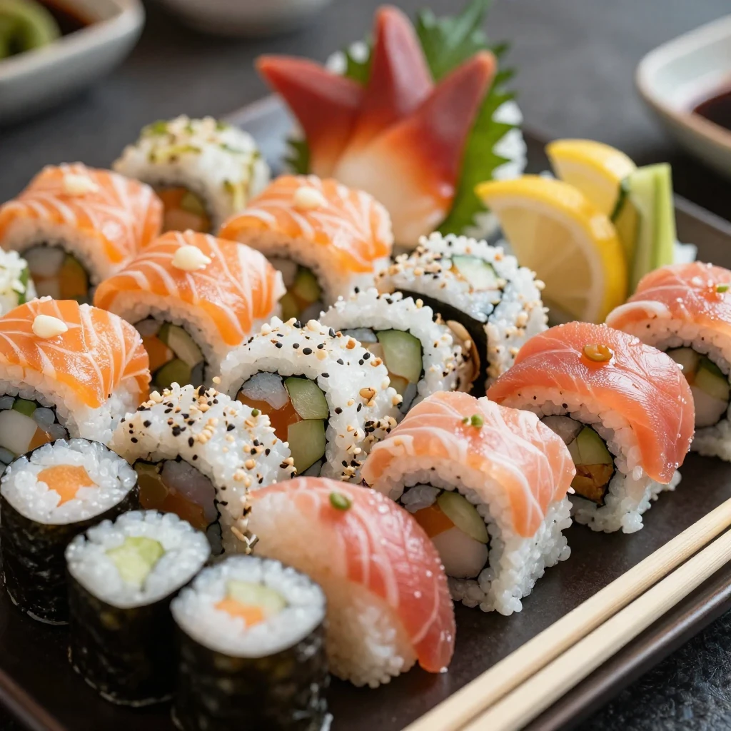 A plate of fresh sushi rolls, including nigiri, maki, and sa...