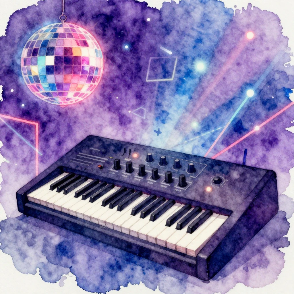 A watercolor artwork depicting a detailed retro synthesizer ...