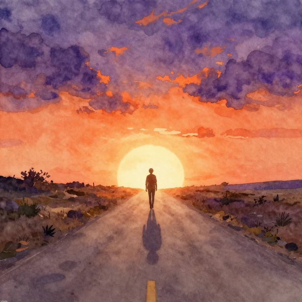 A lone silhouette of a person walking on a dusty road toward...